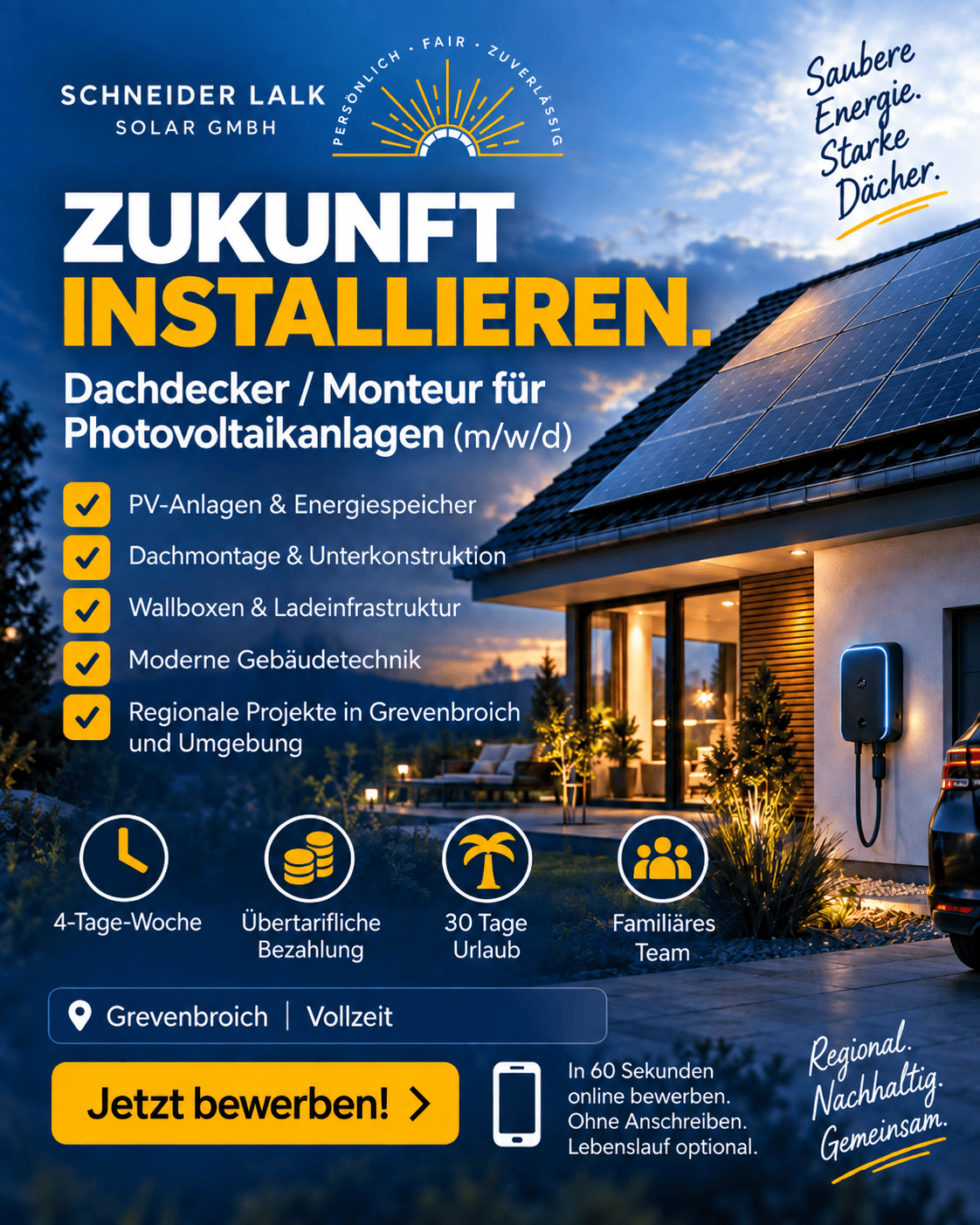 Stellenanzeige: Dachdecker / Monteur für Photovoltaikanlagen (m/w/d) bei Schneider-Lalk-Solar in Grevenbroich